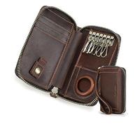 CONTACTS Leather Car Key case Large Keychain 6 Key hooks Zip Pouch Bag Unisex Credit Cards holder RFID Wallet Cover AirTag (Coffee)