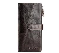 CONTACTS Mens Leather Wallet Purse with Zip Pocket Womens Secretary Phone Pocket Long Wallet (Coffee)