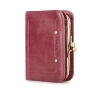 CONTACTS Womens RFID Blocking Wallet Kiss Lock Slim Coin Purse,Genuine Leather Ladies Compact Bifold Case Vintage 8 Credit Card Holder Small Clutch Dark Pink