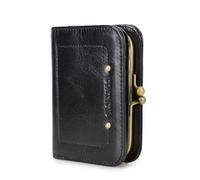 CONTACTS Womens RFID Blocking Wallet Kiss Lock Slim Coin Purse,Genuine Leather Ladies Compact Bifold Case Vintage 8 Credit Card Holder Small Clutch Black