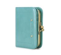 CONTACTS Womens RFID Blocking Wallet Kiss Lock Slim Coin Purse,Genuine Leather Ladies Compact Bifold Case Vintage 8 Credit Card Holder Small Clutch Dark Pink Sky Blue