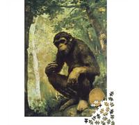 Contemplative Chimpanzee in Forest Painting 1000-Piece Puzzle for Adults, 52x38cm/1000pcs, White Card with A Low-dust Finish; An At-home Challenge for Leisure Time