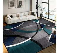 Contemporary 3D Area Rug 60x110cm Abstract Curved Rings Geometric Pattern | Carpet for Living Room Bedroom, Anti-Static Soft Touch Floor Rugs, Dark Teal Peacock Blue Charcoal Grey