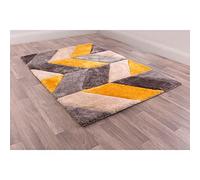 Contemporary 3D Carved Blazon Geometric Solid Super Soft Hand Carved Shaggy Rugs, Ochre - 60 x 110cm