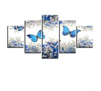 Contemporary Abstract Wall Art Set of 5 Canvases Featuring Blue Butterfly Design for Home Office and Bedroom Styling (L)