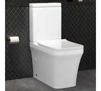 Contemporary Avenza Close Coupled Toilet White Rimless Tornado Flush Pan with Dual Flush Cistern Quick Release Slim Soft Close Seat Square Shape Bathroom