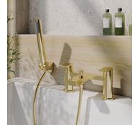 Balterley Bath Mixer Tap with Shower Kit, Dual Lever Round Bath Filler Tap, Round Head Showers for Bathrooms, Bathroom Taps with Shower Head and Hose Set - 230 x 154 x 119mm (Brushed Brass)