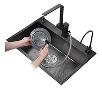 Contemporary Black Stainless Steel Kitchen Sink 304 Undermount/Topmount Workstation Bar Sink with Drain Strainer Single Basin 65x45CM - Perfect for Modern Kitchens