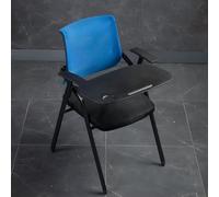 Contemporary Blue Mesh Mid-Back Conference Chair with Fixed Arms & Large Writing Pad - Ergonomic Folding Training Stool for Office Use 19" L x 22.5" W x 34" H