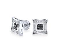 Contemporary Contrast - Mens 9MM Square Black & White CZ Micro Pave Kite Stud Earrings in .925 Sterling Silver