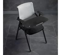 Contemporary Gray Mesh Office Chair with Fixed Arms - Foldable Mid-Back Conference Stool with Large Writing Pad Ideal for Training & Meetings 19" L x 22.5" W x 34" H