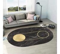 Contemporary Oval Rugs Design Non-Slip Carpet for Living Room Bedroom Bedside Coffee Table Sofa Easy to Clean, Geometric Black Marbled Golden Circle, 200 x 250 cm