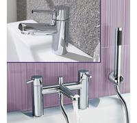Contemporary Round Bridge Deck Mounted Bath Shower Mixer With Handset And Basin Single Lever Mixer Tap Set
