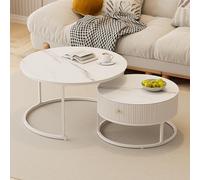 Contemporary Round Coffee Table Set of 2 with Storage White Nesting Tables for Indoor & Outdoor Use 25" H x 9" W Modern Living Room Furniture