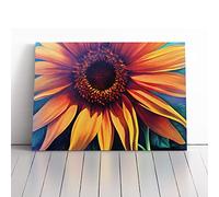 Contemporary Sunflower Orange, Orange, Teal | Canvas Wall Art Print | Framed & Ready to Hang Picture | Modern Home Decor for Living Room, Bedroom, Kitchen or Office | 20x14 Inches