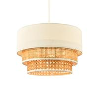 Contemporary Triple Tier Cream Linen Fabric and Natural Rattan Sections Pendant Light Shade | 17cm x 30cm | Vintage Sleek Style by Happy Homewares