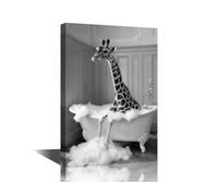 Contemporary Wall Art for Bathroom, Bathtub Animal Theme Framed Posters and Prints Giraffe Taking a Bubble Bath in Elegant Vintage Bathtub Wall Painting Stretched and Framed Ready to Hang (12"Wx18"H)