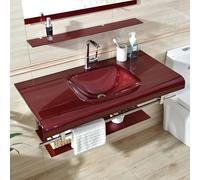Contemporary Wall-Mounted Bathroom Vanity Set with Tempered Glass Sink Mirror & Shelves - Space-Saving Floating Design (Rosso 70x50cm)