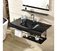 Contemporary Wall-Mounted Bathroom Vanity Set with Tempered Glass Sink Mirror & Shelves - Space-Saving Floating Design Modern Black-Red Finish (80x50cm)