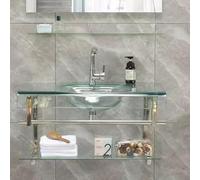 Contemporary Wall-Mounted Bathroom Vanity Set with Tempered Glass Sink Mirror & Shelves - Space-Saving Floating Design Stylish 80x50cm for Modern Bathrooms