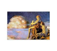 Contentment by Maxfield Parrish Art Nouveau Poster Featuring Two Figures on A Rock Under Starry Sky for Home Wall Decor Picture Print Wall Art Painting Canvas Artworks Gift Idea Room Aesthetic Unframe