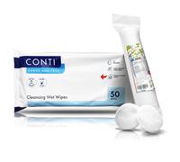 CONTI Hands & Face Wet Wipes Washcloth Patient Care Cleansing Wipes 24cm x 22cm (50 Wipes Per Pack | Lightly Fragranced Formula) Includes RE-GEN Cotton Wool Pads (50 Count - Pack of 12)