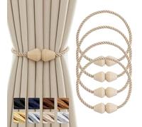 Contoeey Curtain Tiebacks Wooden Magnetic Curtain Tie Backs Boho 4 Pack Rope Curtain Holders for Drapes Handmade Window Curtain Holdbacks, Beige