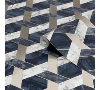 Contour Blue Metallic Effect Geometric Smooth Wallpaper