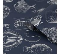 Contour Wallpaper - Antibac Into The Deep Navy - Paste the Wall, Fish illustration, 10000mm x 520mm