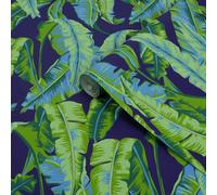 Contour Navy Palm Leaves Smooth Wallpaper
