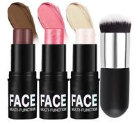 Contour Stick, 3Pcs Cream Contour Highlighter Blush Stick Set with Brush, Waterproof Long-Lasting Blendable Makeup Kit for Defined Cheekbones and Radiant Skin