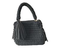Contrast Color Handmade Crochet Bag Retro Simple Fashion Woven Tassel Large Capacity Handbag(Black)