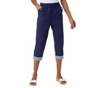 Roman Originals Cropped Stretch Trouser for Women UK - Ladies Capri Pants Summer Leggings 3/4 Three Quarter Pedal Pusher Elasticated Waist Cut Off Contrast Detail Pull On Work - Navy - Size 18