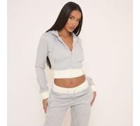 Contrast Distressed Detail Cropped Zip Up Hoodie In Light Grey, Women's Size UK 10
