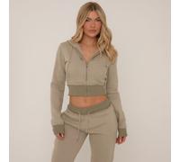 Contrast Distressed Detail Cropped Zip Up Hoodie In Washed Green, Women's Size UK 10