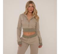 Contrast Distressed Detail Cropped Zip Up Hoodie In Washed Green, Women's Size UK 16