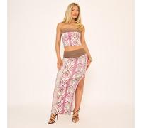 Contrast Fold Over Waistband Maxi Skirt In Pink Abstract Print Slinky, Women's Size UK 10