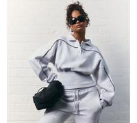Contrast Piping Detail Button Front Cinched Waist Collared Sweatshirt In Light Grey Marl, Women's Size UK 14