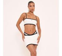 Contrast Square Neck Logo Detail Thong Bikini And Skirt 3 Piece Set In White, Women's Size UK 6