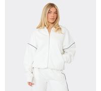 Contrast Stripe Boxy Zip Up Hoodie In Cream, Women's Size UK 12