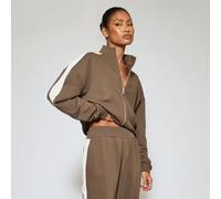 Contrast Stripe High Neck Zip-Up Sweatshirt In Brown, Women's Size UK 10
