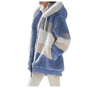 Contrasting Lamb Wool Padded Coat Lamb Wool Padded Coat Lambswool Padded Patchwork Zipper Pocket Hooded Loose Coat (Blue,S)