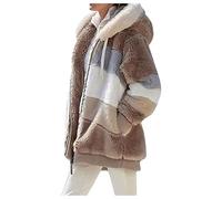 Contrasting Lamb Wool Padded Coat Lamb Wool Padded Coat Lambswool Padded Patchwork Zipper Pocket Hooded Loose Coat (Khaki,5XL)