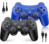 Controllers 2 Pack for PS3 Wireless Controller for Sony PlayStation 3, Double Shock 3, Bluetooth, Rechargeable, Motion Sensor, 360° Analog Joysticks, 2 USB Charging Cords, OKHAHA Remote for PS3, Black