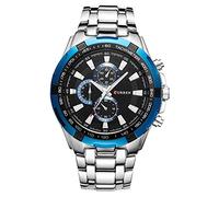 [Convenience]: Round, Heavy,Durable Black Stainless Steel Band, Case and fold-Over Clasp with 1 Extra Tool to Adjust The Strap Length. (Silver Blue)
