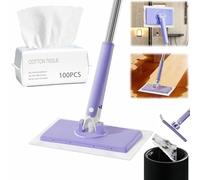 Convenient Cloth Changing Mini Mop, Clever Snap-Grip Mini Mop with 360° Rotating Head &100Pcs Face Towels for Wet/Dry Cleaning, Hands-Free Replacement for Floors, Bathroom, Tiles (Purple, 36in)