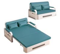 Convertible 2-Seater Sofa Bed with Storage, Blue Leather Couch on Wheels, Carbon Steel Frame, Ideal for Balcony, Office, Living Room, Bedroom (192x82x65cm)