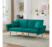 Convertible Futon Sofa Bed with 3-Position Adjustable Backrest, Modern Fleece Loveseat with Solid Wood Legs, 197.5L x 86W x 60H cm, Green Aosom UK
