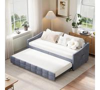 Convertible Sofa Bed 90/180 x 200 cm, 2-Seater Extensible with Wooden Slats, Multi-functional Upholstered Sofa for Teens & Adults, No Mattress (Beige)