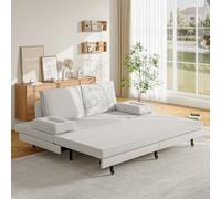 Convertible Sofa Bed 90/180 x 200 cm Extendable Daybed Twin Size Folding Bed Frame with Slatted Base Linen Fabric Modern White Design SpaceSaving Solution